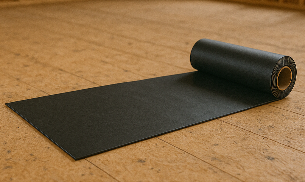 Roll of mass loaded vinyl on a wooden floor